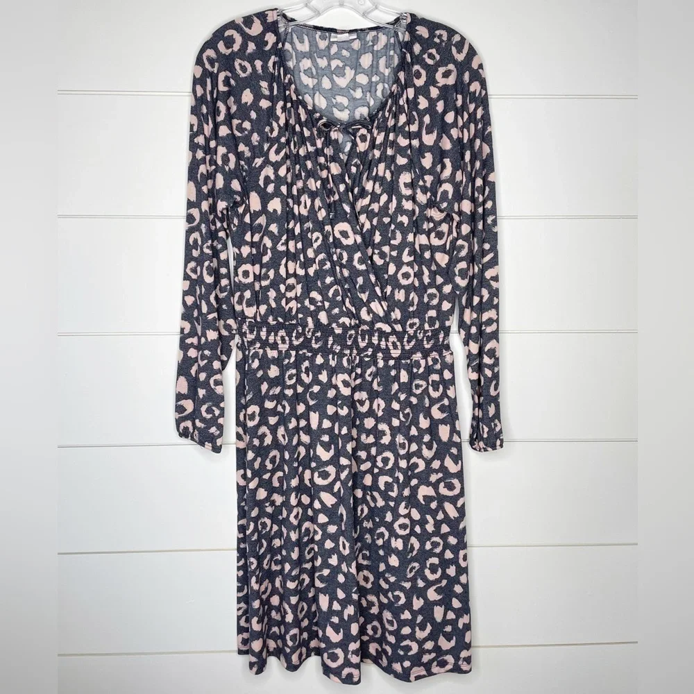 LULAROE Pink & Gray Leopard Long Sleeve Peasant Dress Women’s Size Medium